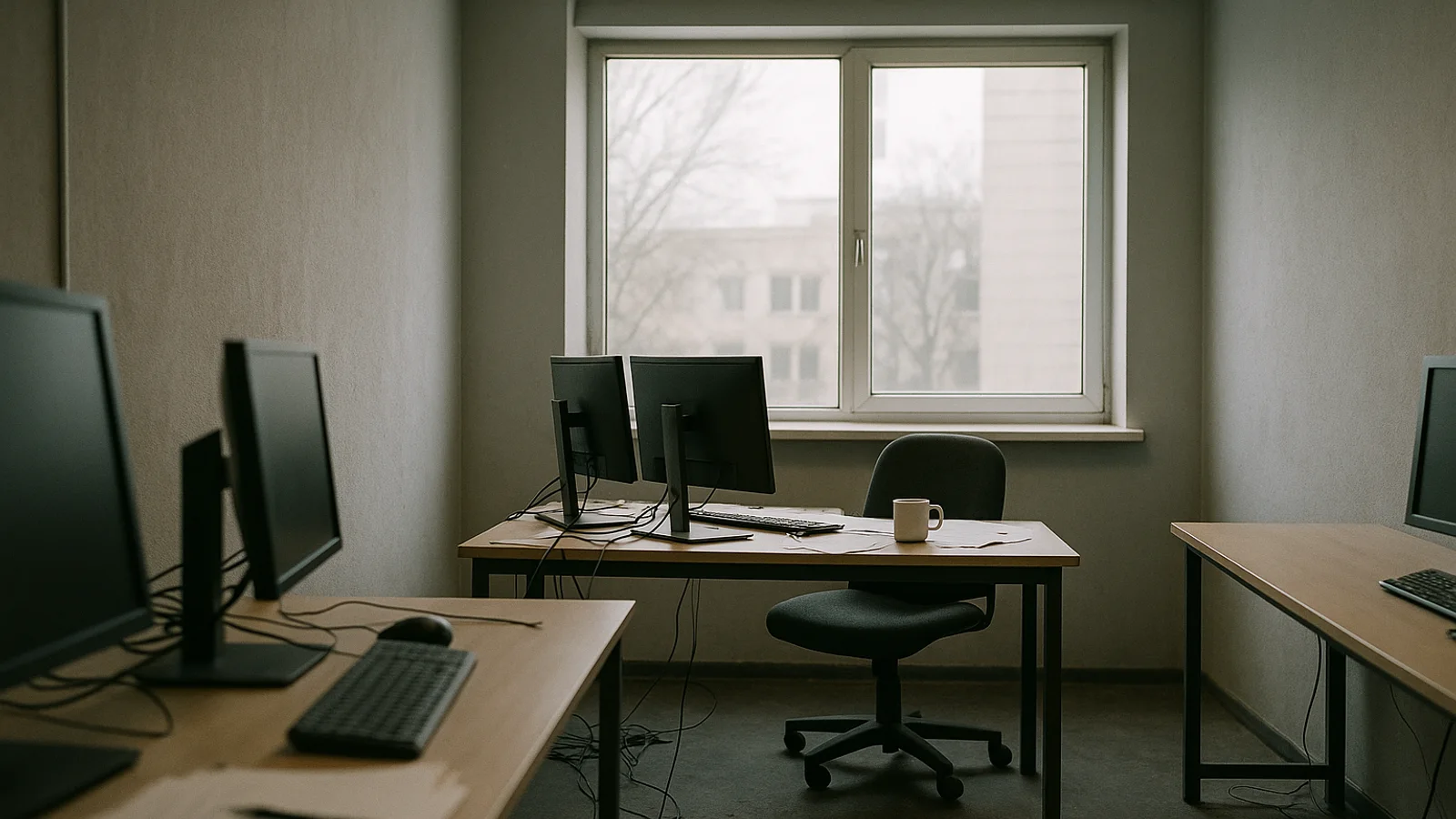 A working desk at night, screens lit, seen across a dark room